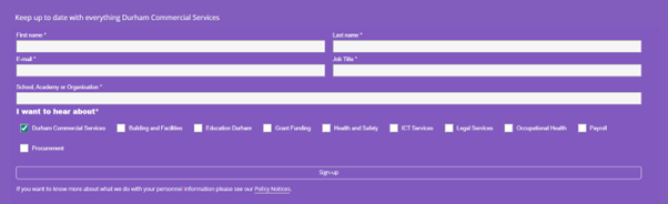 An image of the sign up box to the Commercial Services newsletter.