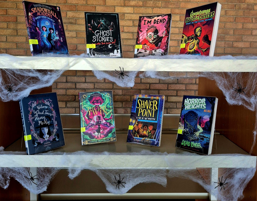 A selection of halloween and horror books on a shelf