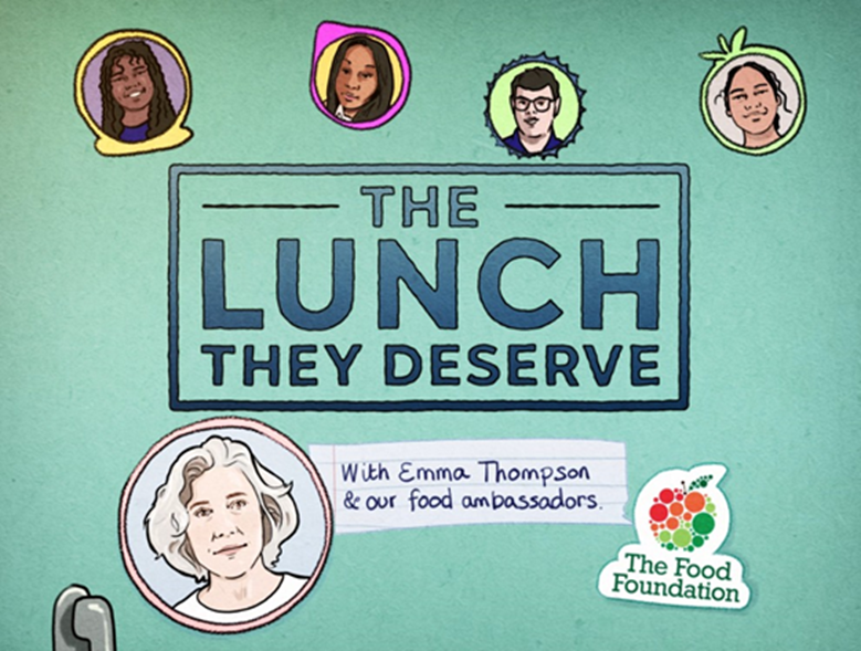 The lunch they deserve logo with cartoon images of people on