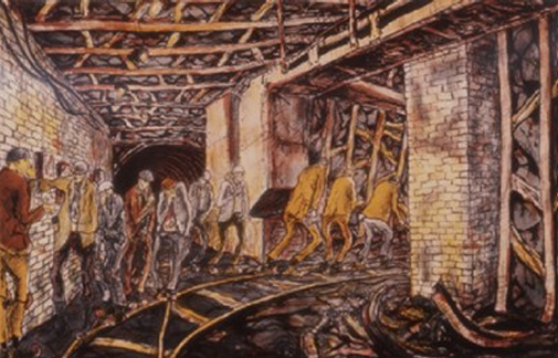Transfer Point painting of men down the mine by Tom Mc Guiness