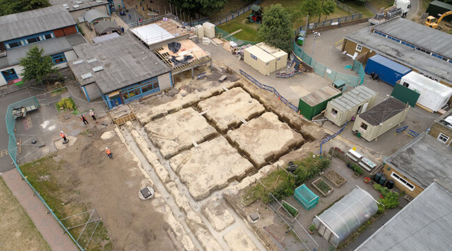 Groundworks being prepared for the classroom extension, view from above