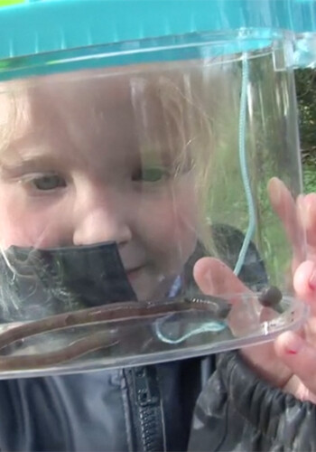 Girl looking at worm