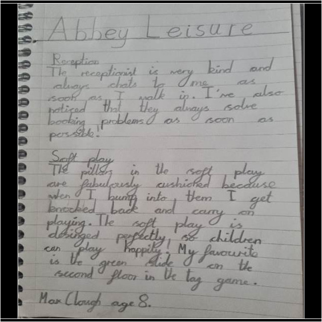 Image of feedback received from a child who attends the leisure centre Adventure play